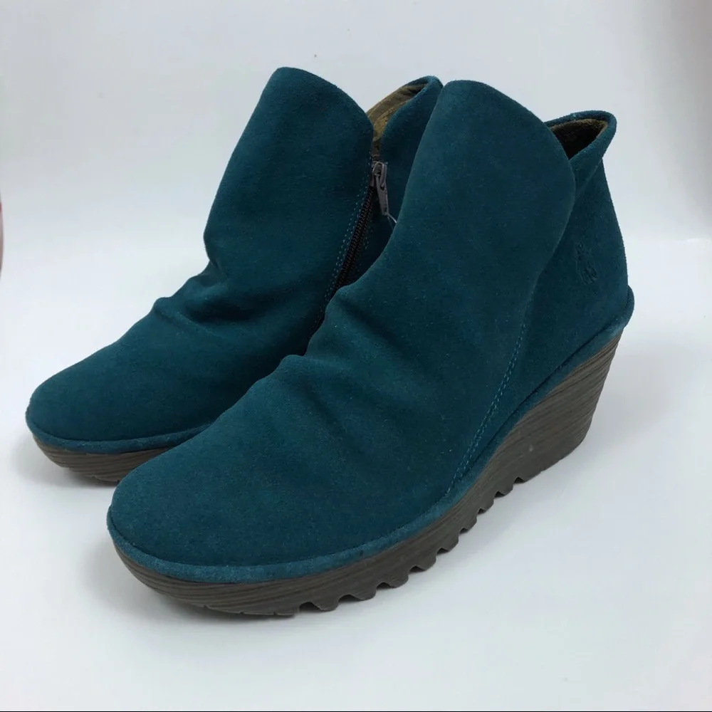 Fly London Teal Suede Wedge Ankle Booties